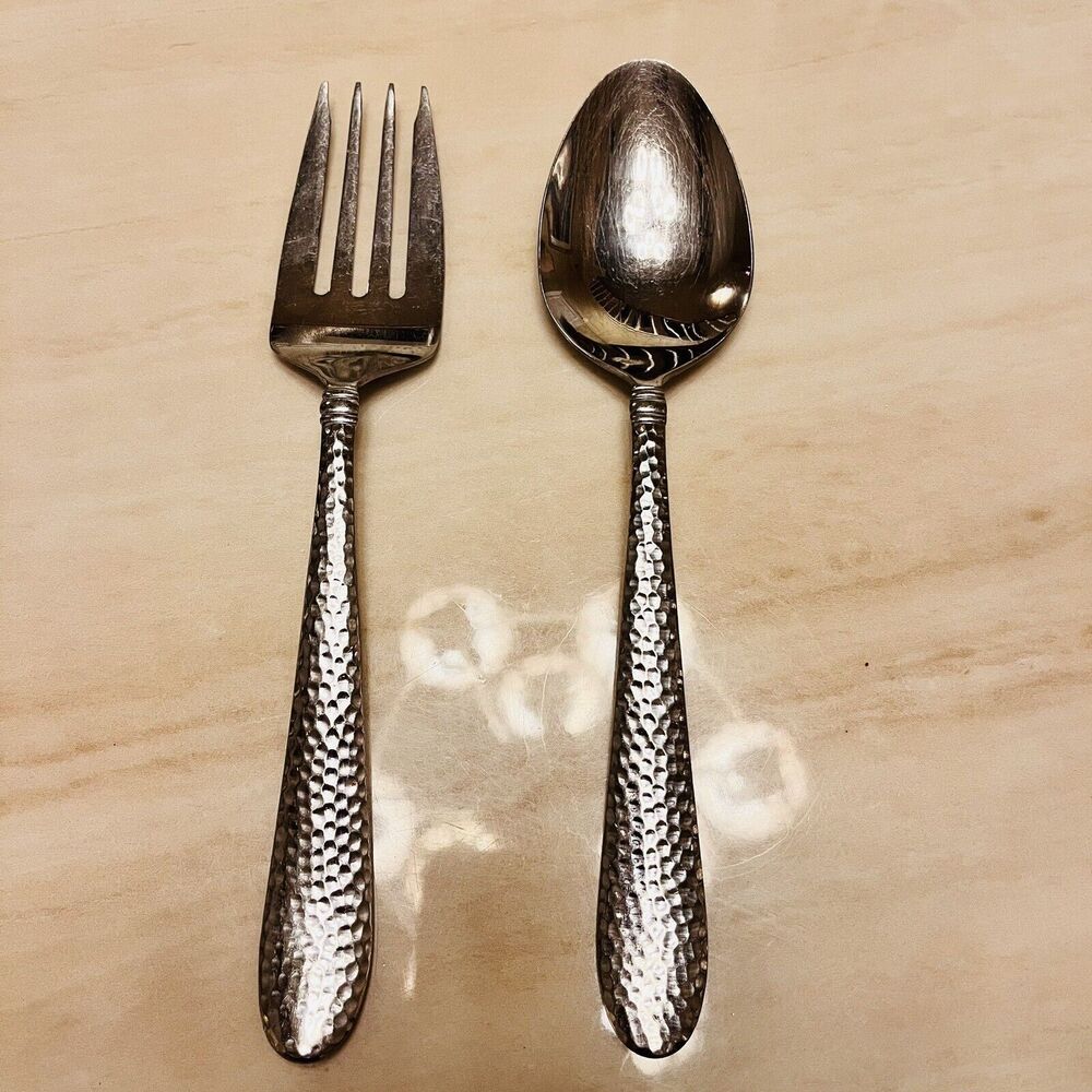 Set Of Towle Logan Hammered Stainless Serving Spoon & Serving Fork 8 3/4"